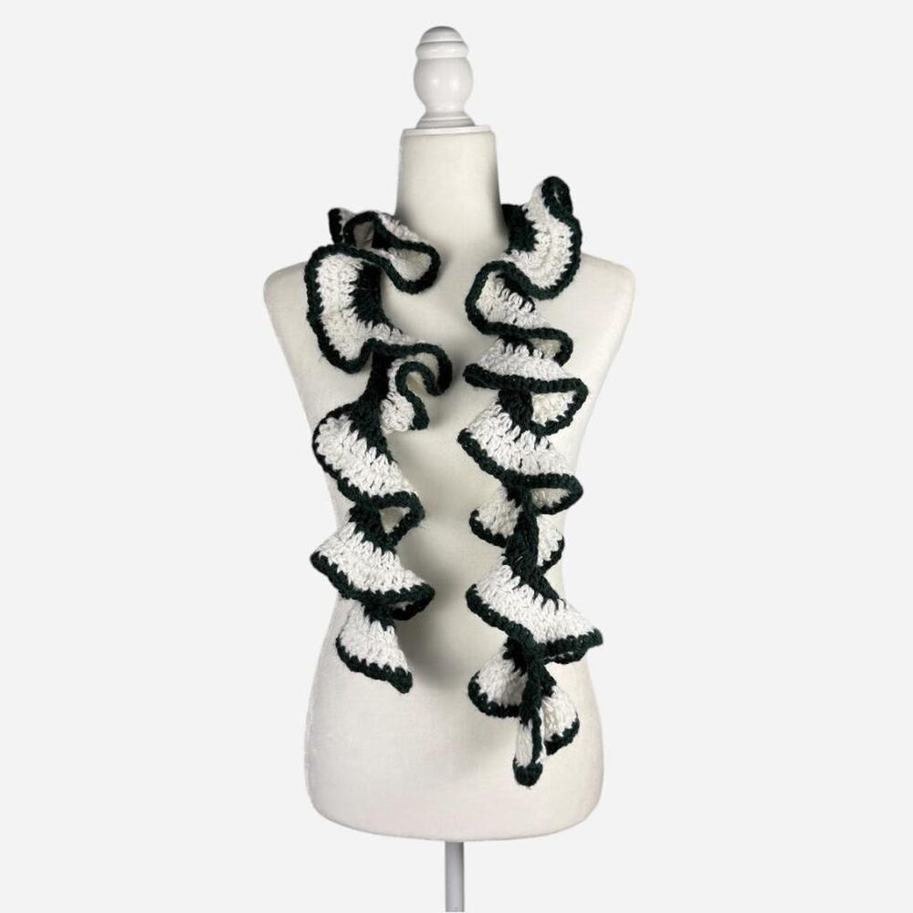 Handmade knitted scarf crocheted green